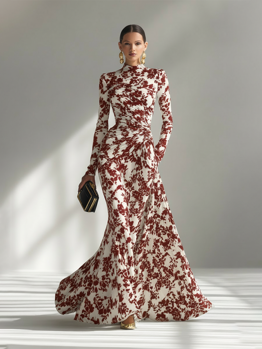 Robe maxi pour femmes avec col haut à fleurs, noir et blanc MDA1295K1AP