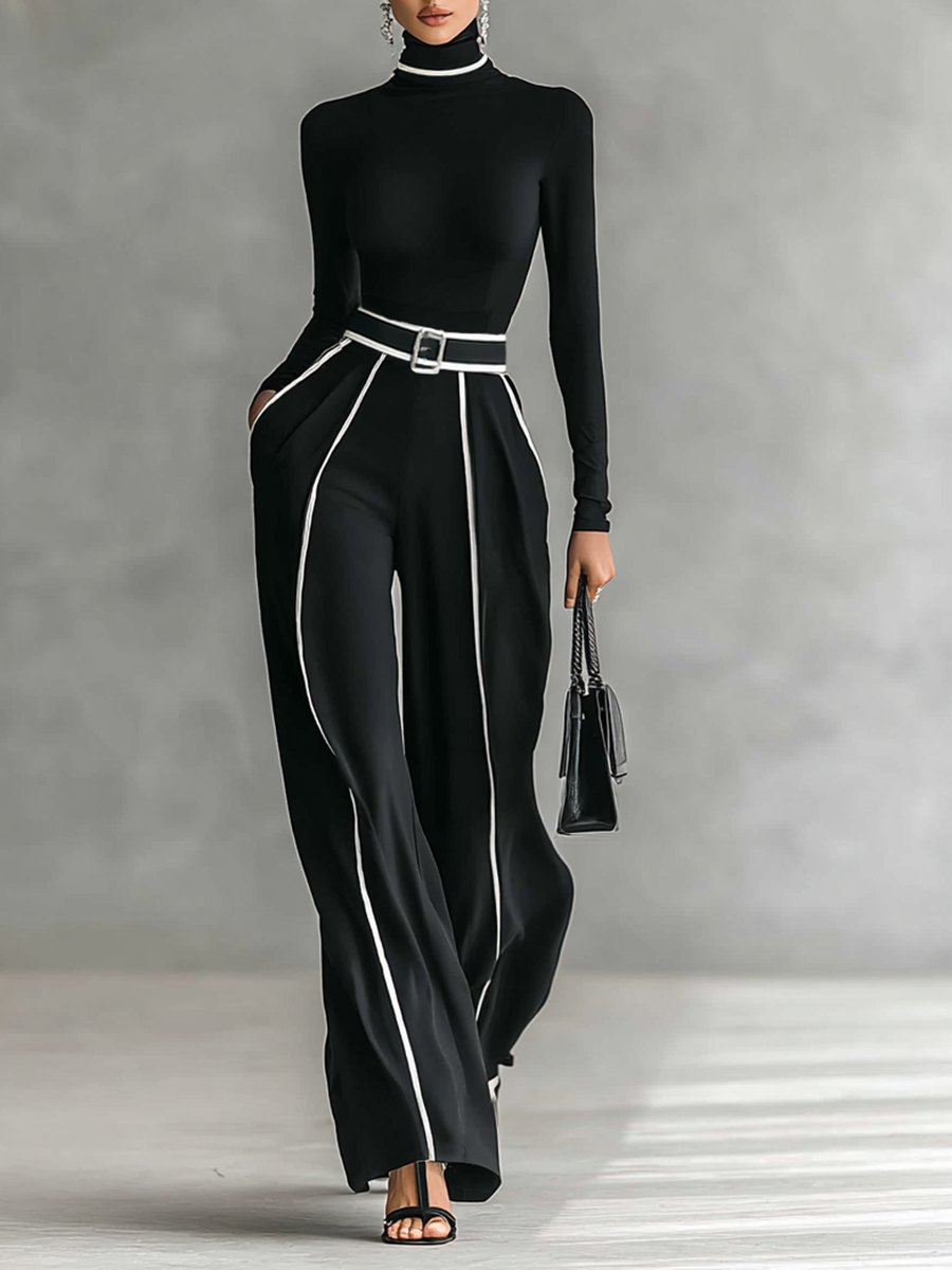 Ensemble de deux pièces pour femmes avec col montant, manches longues, pantalons larges et ceinture