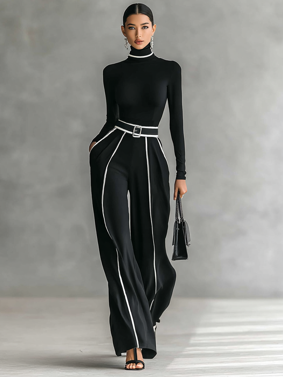 Ensemble de deux pièces pour femmes avec col montant, manches longues, pantalons larges et ceinture