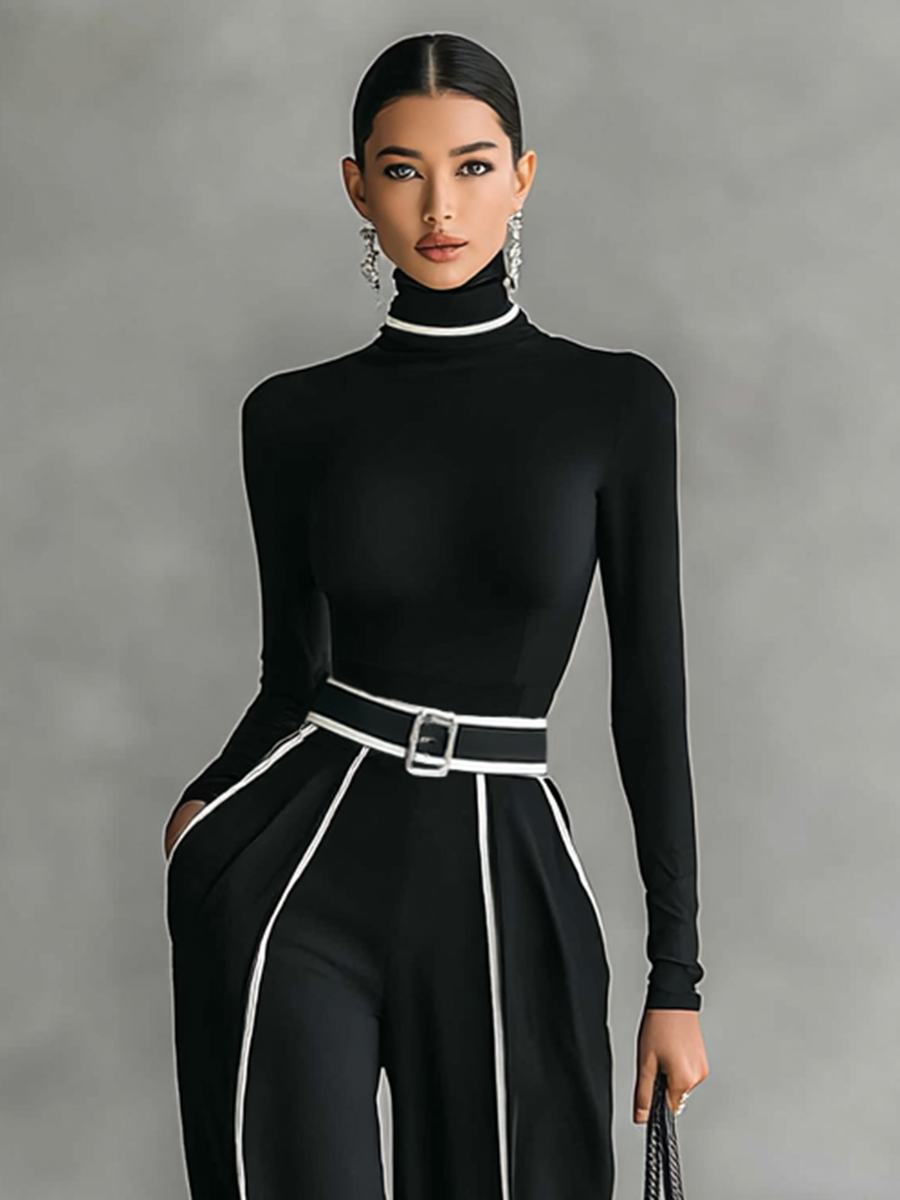 Ensemble de deux pièces pour femmes avec col montant, manches longues, pantalons larges et ceinture