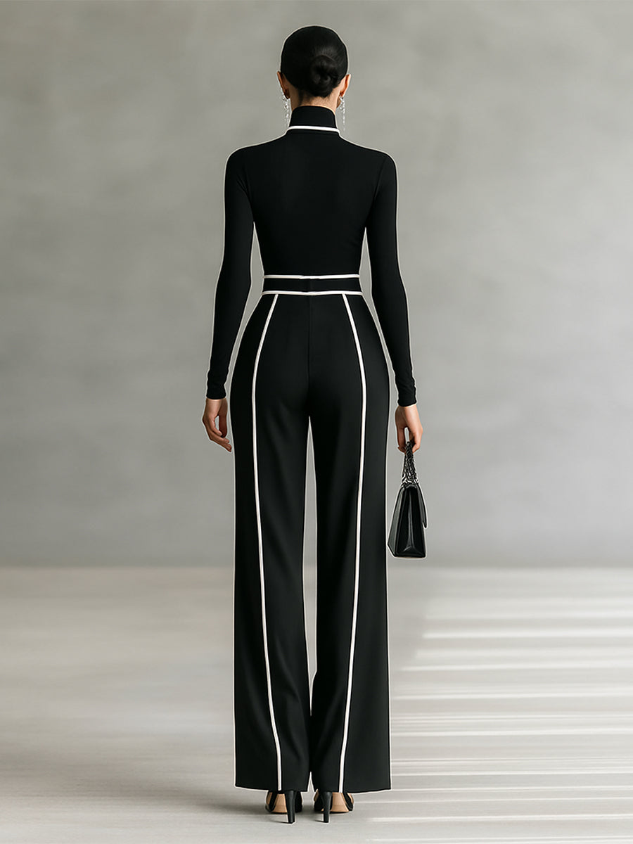 Ensemble de deux pièces pour femmes avec col montant, manches longues, pantalons larges et ceinture